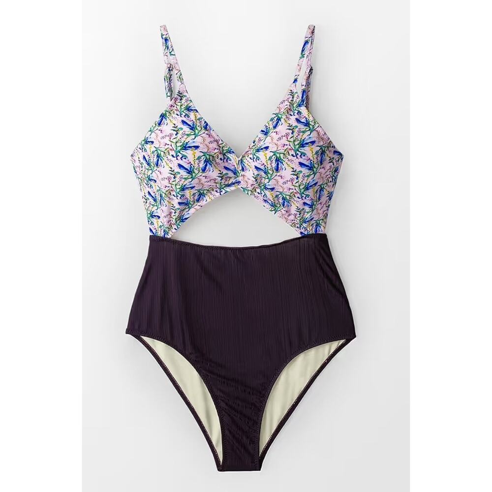 One Piece Swimsuit Small Floral Cutout Tie Back High Waisted NWT